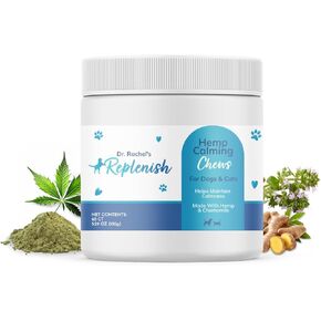 Replenish Hemp calming chews for dogs and Cats - Dr. Rachel's Dog Calming Treats, Soothing Botanicals, Grain-Free, Anxiety Relief, Stress Support - 60 Count