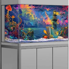 Aquarium Background with Cloud Sky Design, Fantasy Landscape Tapestry Trippy Neon Galaxy Space Fish Tank, Nature Lighthouse Lake Tapestry Wall Hanging Decor