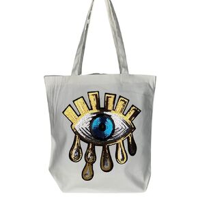 Evil Eye Black Canvas Tote Bag Eco-Friendly Beach Bag Women Summer Bag (Black Gold)