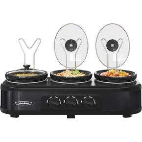 Sunvivi Triple Slow Cooker, Buffet Server & Warmer with 3 Removable Ceramic Pots, 3 Adjustable Temp Settings & 3 Metal Lid Rests, Stainless Steel, 4.5 QT Silver