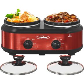 Sunvivi Dual Slow Cooker, Buffet Server & Warmer with 2 Removable Ceramic Pots, 3 Adjustable Temp Settings & 2 Visible Glass Lids, Stainless Steel, 2.5 QT Silver