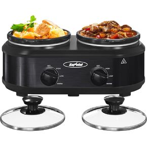 طنجرة طهي بطيئة مزدوجة من صن فيفي، خادم بوفيه ومدفأة مع 2 أواني سيراميك قابلة للإزالة، 3 إعدادات لدرجة الحرارة قابلة للتعديل وغطاءين زجاجيين مرئيين، ستانلس ستيل، 2.5 لتر فضي in Kuwait