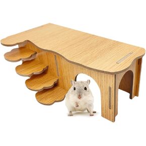 Hamster Hideout with Ladder Dwarf Hamster Wooden Maze Tunnel Platform Multi Chamber Exploring Toy Habitat Decor for Gerbil Syrian Mouse Small Animal