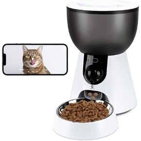 Automatic Cat Feeder with Camera, 1080P HD Video Recording Capability, 5G Wifi Cat Feeder with Two-Way Audio, Smart App Controlled Pet Dry Food Dispenser for Cats and Dogs, Single Tray
