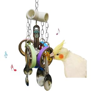 Bird Chew Toy for Parrot Durable Conure Scoop and Colorful Cardboard Bagel Toy Cockatiel Stainless Steel Spoon Ring Toy Parrot Cage Hanging Toy for Lovebirds, Parakeet