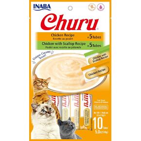 INABA Churu Cat Treats, Grain-Free, Lickable, Squeezable Creamy Purée Cat Treat/Topper with Vitamin E & Taurine, 0.5 Ounces Each Tube, 10 Tubes Total/Two Flavors, Tuna and Scallop Variety