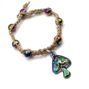 BEACH HEMP JEWELRY Mushroom Charm Hemp Bracelet Purple Chrome with Rainbow Hematite Beads for Women Men Teen Girls Handmade