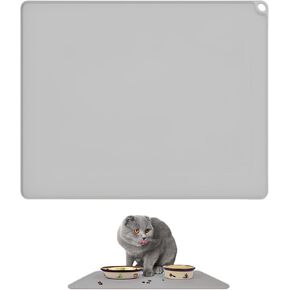Silicone Pet Food Mat, 20x16 Inch Waterproof Dog Cat Feeding Mat with Non-Slip Bottom, Leak-Proof Edges, Easy to Clean(Grey)