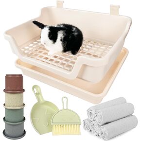 Large Rabbit Litter Box w/Plastic Grid & Dump Tray-Bunny Litter Pan Small Animal Potty Toilet - Pet Bunny Supplies Rabbit Cage Accessories for Training Corner Litter Box (Cream)