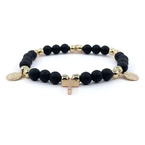 Stretch San Benedict and St Michael Archangel Bracelet for Women with 18k Gold Plated Beads and Black Onix Stones.