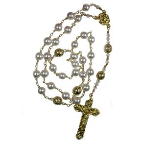 Handmade Unbreakable Anglican Episcopal Rosary White Ivory Shell Pearls and Gold Plated Beads