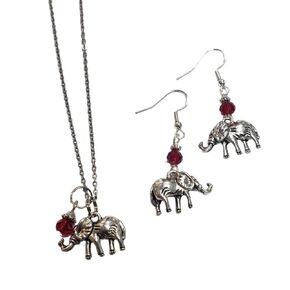 Red Elephant Necklace & Earring Set, with red crystal faceted accent beads, on 20 inch chain and sterling silver earwires