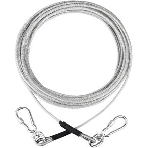 100FT Dog Tie Out Cable for Outdoor, Yard and Camping Steel Wire Dog Leash Cable with Stainless Dual Fix Buckle for Dogs Up to 250 Lbs, Heavy Duty Reflective Dog Lead Runner for Dogs