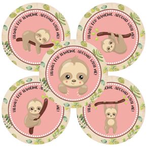 Sloth Animal Thank You Sticker Labels by Adore By Nat - Birthday Baby Shower Party for Girl in Pink - Set of 30