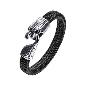 Ouroboros Snake Black Leather Bracelet for Men - Adjustable Size - Genuine Black Nappa Leather Men's Wristband - Engraved Snake Amulet in Stainless Steel - Unique Mens Gifts