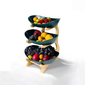 Fruit Bowl for kitchen counter with Handmade Wooden Decorative TrayStand High Quality Deep Green Plastic Bowls 3 Tier Green Table Plates Dinnerware Kitchen with Floors Partitioned