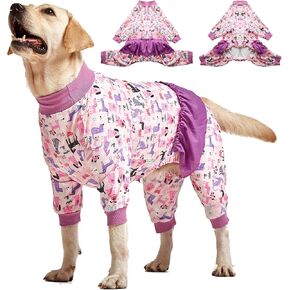 LovinPet Long Sleeve Onesie for Large Dogs, High Collar Cotton Dog Shirt, Anti-Shedding, Lightweight Stretchy Knit, Pink Puppy Print, Shirt for under dog dresses, Pet Pj's/Large