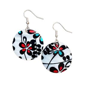 Natural Sea Shell Earrings, Colorful Painted Flower, White Mother of Pearl Round Disc Earrings, Beach Jewelry, Drop Dangle Floral Earrings Women Girl Gift (White Blue Floral)