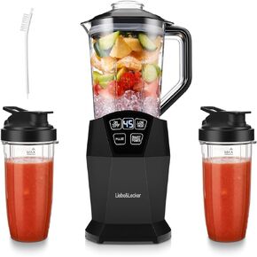 Liebe & Lecker Personal Blender with 1200-Peak-Watts, Smart technology for Frozen Drinks, Shakes, Smoothies & Sauces, Smoothies Blender with 50-oz Pitcher, （2）28-oz To-Go-Cups & Spout Lids, Black