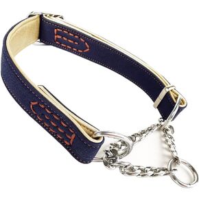 JiangYanus Martingale Dog Collars, Padded Leather Half-Check Stainless Steel Chain Anti-Escape No Pull Choke Dog Training Collar for Small, Medium, Large Dogs