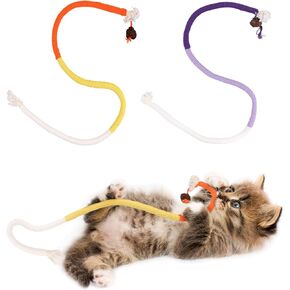 2pcs Cat Rope Chew Toys, 27.56x0.39in Premium Cotton String Chew Toy for Kitten Dental Toys Pet Goods Interactive Bite-Proof Supplies for Cats of All Ages (Purple, Orange)
