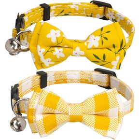 Cat Collar with Bow Tie Bell Breakaway Safety 2pcs Floral Plaid Flower Solid Kitten Pet Boy Girl Male Female Pink Flower & Plaid