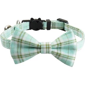 Love Dream Cat Collar with Bow Tie and Bell, 2 Pack Breakaway Plaid Bowtie Cat Collar for Kitty, Cats, Puppy and Kittens, Blue&Khaki