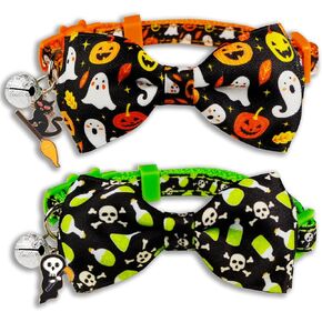 2 Pack Halloween Cat Bow tie Collar with Bell, Holiday Kitty Kitten Skull and White Ghost Patterns for Boys Girls Males Female Cats