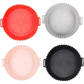 Air Fryer Silicone Pot, Reusable Air Fryer Silicone Insert Fit 6-8 QT Air Fryer, 2-Pack Square Silicone Air Fryer Liner, 8-Inch round Air Fryer Liner, Heat Resistant Food Safe (PINK+BLACK+RED+GREY)