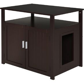 PawHut Wooden Cat Litter Box Enclosure Furniture with Adjustable Partition, Cat Washroom End Table with Open Shelf, Brown