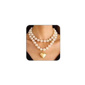 Gold Heart Necklaces and Bracelet Set for Women Chunky Puffy Heart Choker Necklace Big Heart Pendant Pearl Necklace Trendy Prom Jewelry Gifts Y2k Accessories (Pearl)