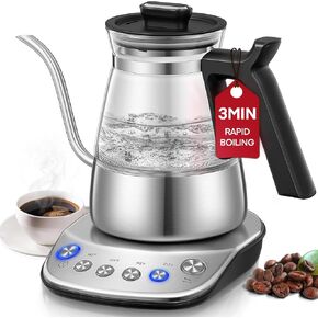 Electric Gooseneck Kettle, Glass Electric Tea Kettle with 4 Temperature Control Presets and Keep Warm Function, Pour Over Kettle for Coffee & Tea, Hot Water Boiler, Quick Heating, 1200W/0.8L