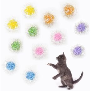 Andiker Cat Sparkle Balls - 12pc Colorful Interactive Cat Toys with 2.36 Inch Pom Pom Balls for Indoor Cats