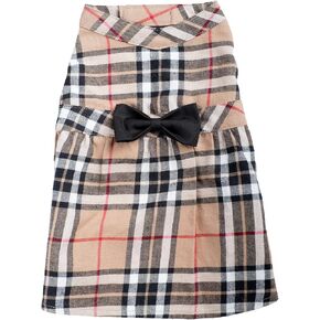 The Worthy Dog Flannel Plaid Adjustable Pet Dress, Stylish Bow Attached Dress, Summer Outfit For Doggy, Fits XL Size Dogs, Tan