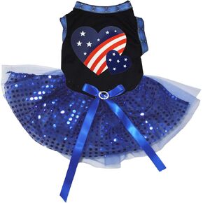 Petitebella USA Twins Heart Puppy Dog Dress (White/Blue Sequins, Medium)