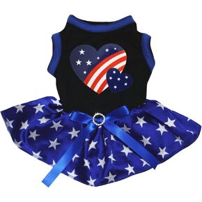Petitebella USA Twins Heart Puppy Dog Dress (White/Blue Sequins, Medium)