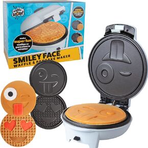 Smiley Face Emoji Waffler & Pancake Maker w 2 Interchangeable, Removable 8" Plates- Adjustable Temp Control, Nonstick Electric Iron for Kids Breakfast Fun or Gift - Officially Licensed by Emoji