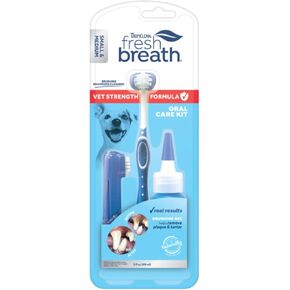 مجموعة العناية بالفم البيطرية المعتمدة من مجموعة Fresh Breath للكلاب الصغيرة والمتوسطة - تزيل البلاك والجير - تنعش رائحة الفم الكريهة للكلاب - مجموعة تنظيف الأسنان
