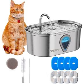 Cat Water Fountain Stainless Steel 304: with 4 Carbon Filters, 4 Sponges, and Cleaning Brush Set - 118 oz/3.5L Pet Water Fountain with LED Light, Water Level Window