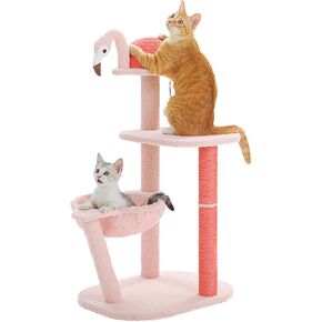 34in Flamingo Cat Tree with Hammock for Indoor Small Cats,Pink Cat Tower with Scratching Post for Kittens,Cat Scratcher with Cat Perch and Dangling Ball