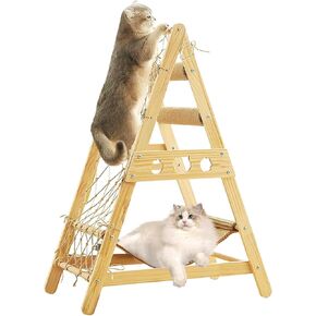 Cat Tower for Indoor Cats with Hammock Straching Post Climbing Web and Danging Sisal Ball, Cute Solid Wood Cat Tree