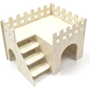 Guinea Pig Hideout 10x8x7 inch Large Size Wooden House Natural Wood Hut Habitats Decor with Climbing Ladder for Bunny, Chinchillas, Dwarf Rabbits, Hamsters, and Other Small Pet Animals