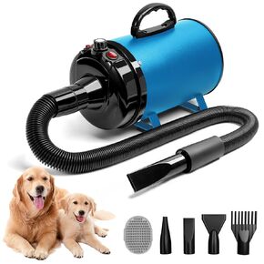 Dog Hair Dryer,5.2HP/ 3800W High Velocity Blow Dryer for Dogs Pet Grooming,Low Noise Speed Temperature Adjustable Pet Grooming Dryer with 4 Nozzles,Blue