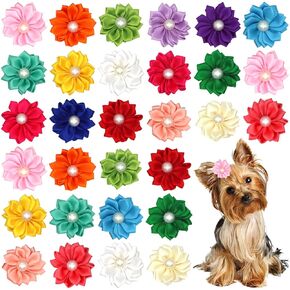 Cute Dog Hair Bows for Small Dogs,30Pcs Pet Hair Bows with Rubber Bands Flower Pearls Yorkie Dog Bowknot Pet Grooming Bows Puppy Dog Hair Accessories for Halloween Thanksgiving (Random Color)