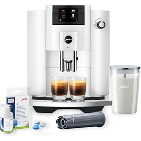 Jura E4 Automatic Coffee Machine (Piano White) with CLEARYL Smart+ Water Filtration, 6 Cleaning Tablets and East Coast Blend Whole Bean Coffee (4 Items)