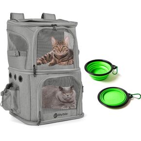 Double Cat Carrier Backpack - Two Compartment Pet Travel Bag for Cats, Small Dogs and Pets - for Airline, Hiking or Car - includes 2 Collapsible Food and Water Bowls
