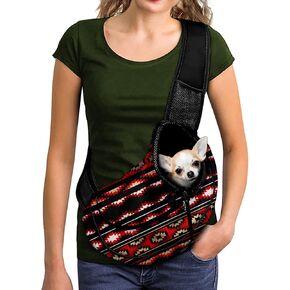 Aztec Pattern Front Sling Puppy Carrier, Tribal Geometry Print Travel Pet Carrier Bag for Small Dog Cats Outdoor Hands Free Pet Carrier Backpack with Adjustable Strap, Red