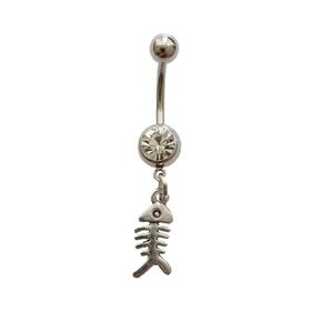 Funny Fish Bone Dangle Belly Button Ring, Mini Skeleton Charm Surgical Stainless Steel 14 Gauge Navel Barbell Ring, Ocean Beach Jewelry for Man Woman