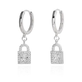 Lock Earrings Dangling 925 Sterling Silver Cubic Zirconia Crystal Padlock Huggie Hoop Earrings