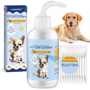 Ear Cleaner for Dogs and Cats 4 oz. - Gentle and Non Irritating Dogs Ear Infection Treatment, Pet Ear Drops for Itch Relief, Soothe Ear Inflammation, Removes Wax, Odor with 10 Cotton Swabs